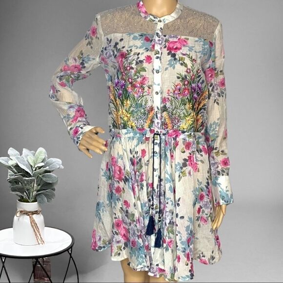 Aratta Silent Journey Semi Sheer Floral Embroidered Beaded Mini Dress Size Small